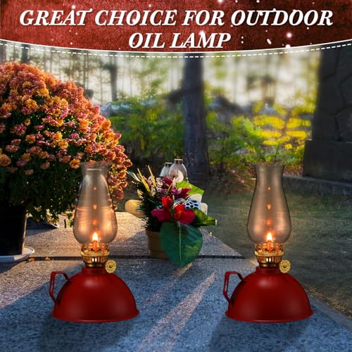 Vintage Kerosene Oil Lamps - 8 Inch Rustic Glass Lantern Set of 2 (Red)