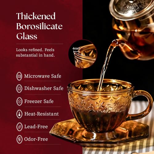 Golden Amber Vintage Glass Tea Cup & Saucer Set 12oz Octagonal Design – Elegant Coffee & Tea Mug