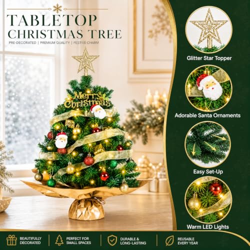 24 Inch Tabletop Christmas Tree with Lights and Decorations - HRZOUKP