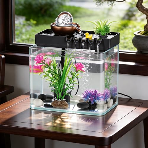 Indoor Tabletop Water Fountain with Fish Tank and Mist Humidifier