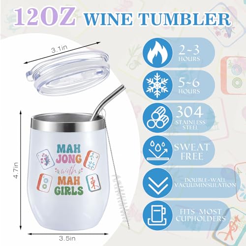 Cute Mahjong Wine Tumbler Set - 4 Pack 12oz Stainless Steel Cups for Women & Men