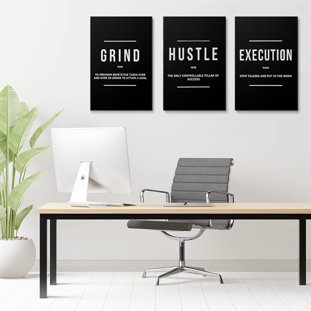 GUBIYU Black and White Motivational Wall Decor for Living Room Grind Hustle Execution Canvas Wall Art Pictures Large Office Wall Art Inspirational Posters for Men Guys Bedroom Gym Decor 16"x24"