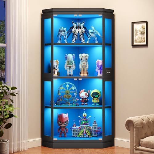 67-Inch Corner Glass Display Cabinet with RGB Lights and Motion Sensor