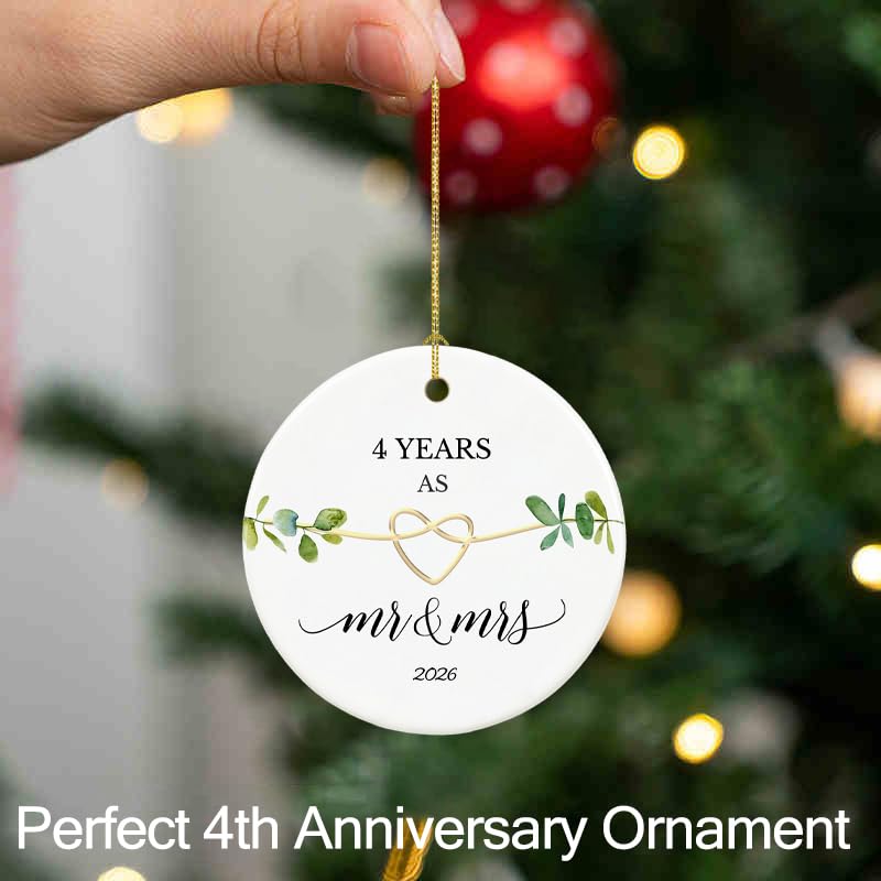 4th Anniversary Ornament - 2.9" White Ceramic Hanging Ornament for 4 Year Anniversary