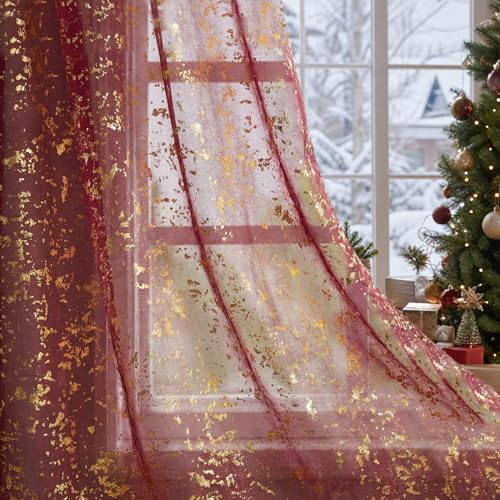 Horaldaily Burgundy & Gold Christmas Sheer Curtains 52x84in Set of 2