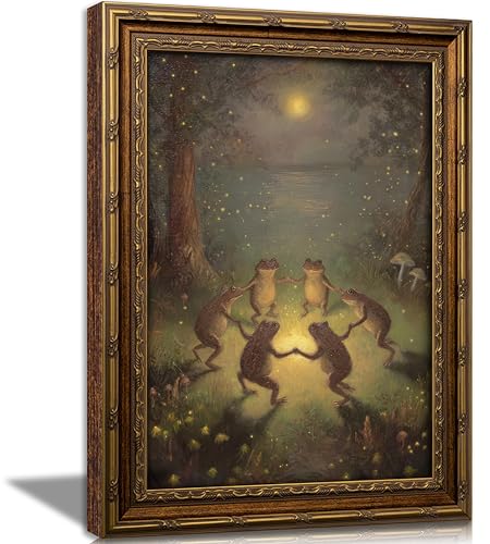 Vintage Gold Framed Frog Wall Art Dancing Frogs Canvas Print
