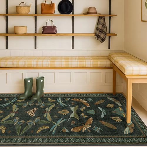 Dark Green 2'6"x10' Runner Rug, Washable Non-Slip Vintage Insect Hallway Carpet
