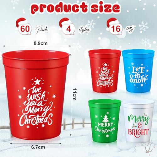 Potchen 60-Pack 16 oz Christmas Plastic Tumblers – Reusable, Text Variants Included