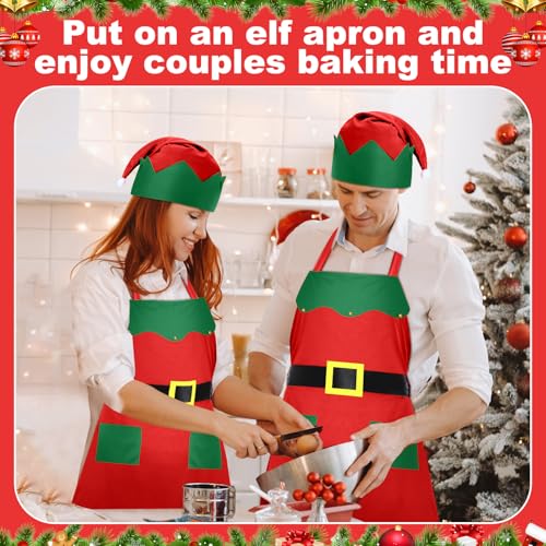 Handepo 12 Sets Christmas Apron and Hat Elf Costume Kit for Adults Women Red Classic