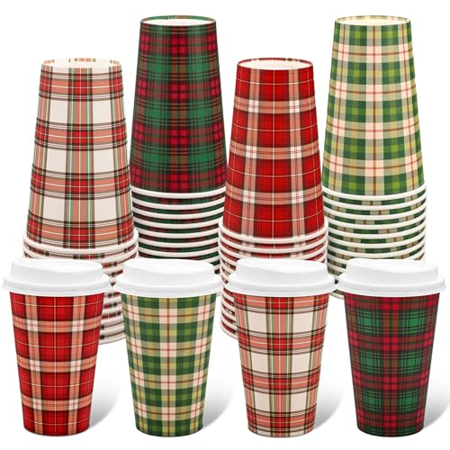 JarThenaAMCS 16 oz Christmas Buffalo Plaid Disposable Coffee Cups with Lids, 48 Pcs
