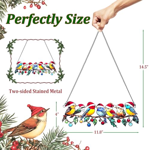 Christmas Bird Window Decor with 6 Cardinal Ornaments - Metal Wall Hanging for Holiday Home & Garden