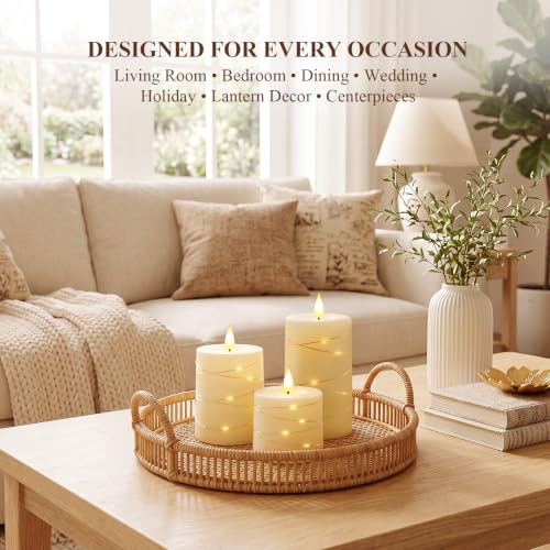 Homemory Ivory Flameless Candles with 3D Wicks & String Lights (Set of 3) Remote, Timer, 2.9/3.5/4.5in