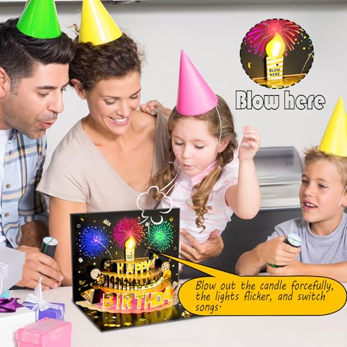Bevbovcard Pop Up Birthday Card with LED Light & Music Blow Out Candle