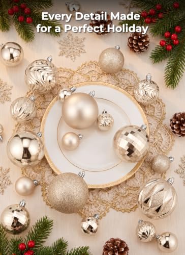 Brightown Champagne Gold Shatterproof Christmas Ornaments Set - 36 pcs, 6 Designs, 3 Sizes