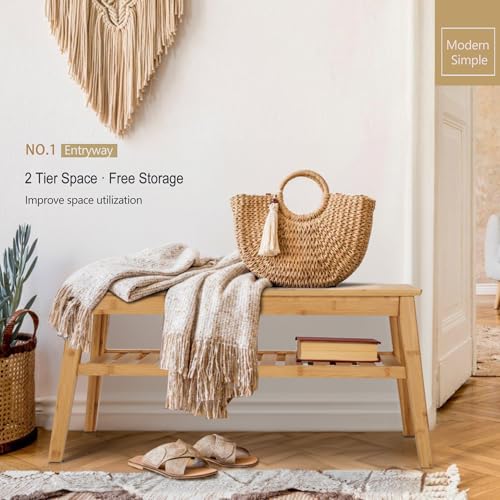 Bamboo Entryway Bench with 2-Tier Shoe Storage Shelf, 33-Inch Wood Bench