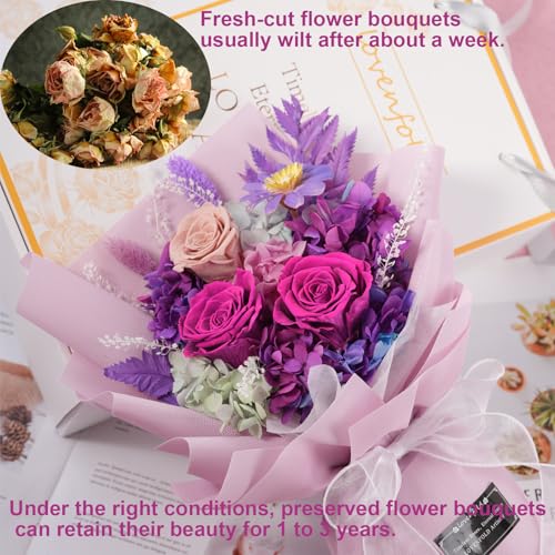 Handcrafted Preserved Purple Rose Bouquet in Gift Box - Lasts 3+ Years