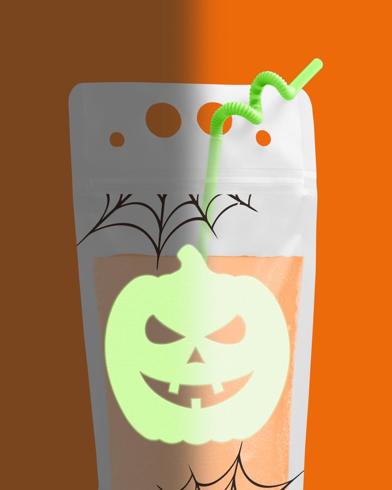xo, Fetti Glow In Dark Halloween Party Drink Pouches + Straws - 15 Pcs | Halloween Cups, Spooky Party Decorations, Skeleon Party Favors, Ghosts, Pumpkin, Spiderwebs