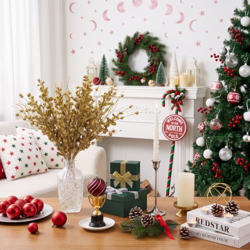 Sousi 24 Pack Gold Glitter Berry Stem - Christmas Glitter Twig Ornaments for Tree & Wreath, Holiday Decor