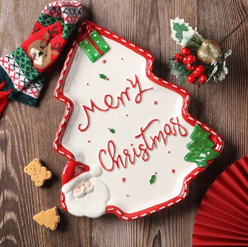 Christmas Ceramic Snack Platters Set with Santa & Tree Design, 10.3 Inch Food Serving Dishes