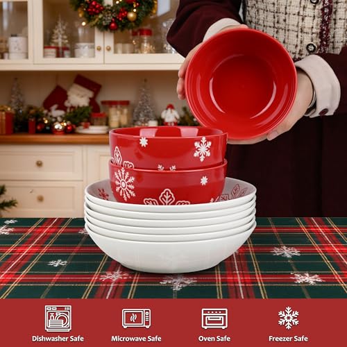 Red Ceramic Christmas Cereal Bowls Set - 6 Pieces, 5.6 Inch Snowflake Holiday Dinnerware