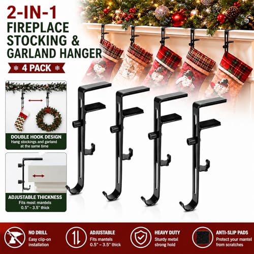 4-Pack Adjustable Christmas Stocking Holders for Fireplace Mantel