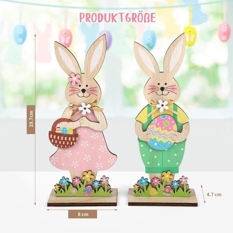 Skiennix Easter Wooden Bunny Tabletop Decorations - Colorful Standing Rabbit Figurines | Spring Centerpiece