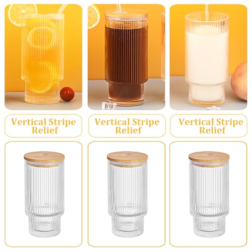 8-Piece Ribbed Glass Cup Set with Bamboo Lids and Straws, 11oz Stackable