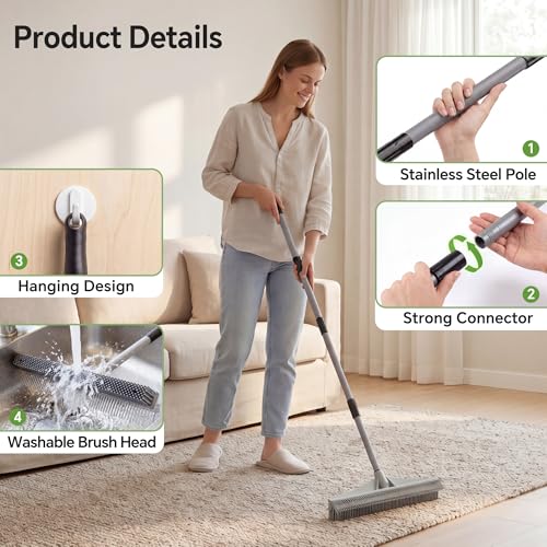 2-in-1 Carpet Rake & Pet Hair Removal Broom with Adjustable Handle
