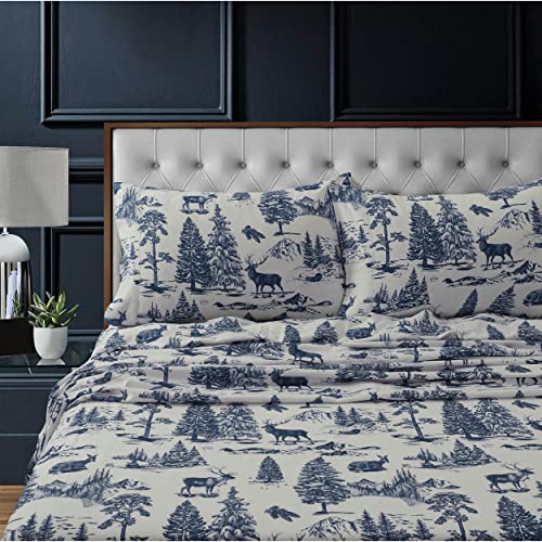 Tribeca Living Flannel Sheets Twin XL Navy Deer Toile - 100% Cotton, 3-Piece Set