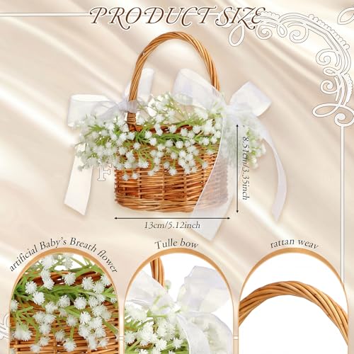 Rustic Wicker Flower Girl Basket with Artificial Baby Breath & Bow