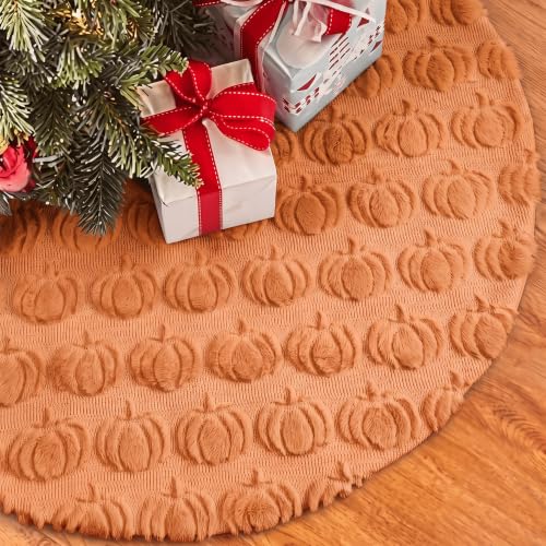 36-Inch Plush Faux Fur Fall Tree Skirt with 3D Pumpkins for Thanksgiving
