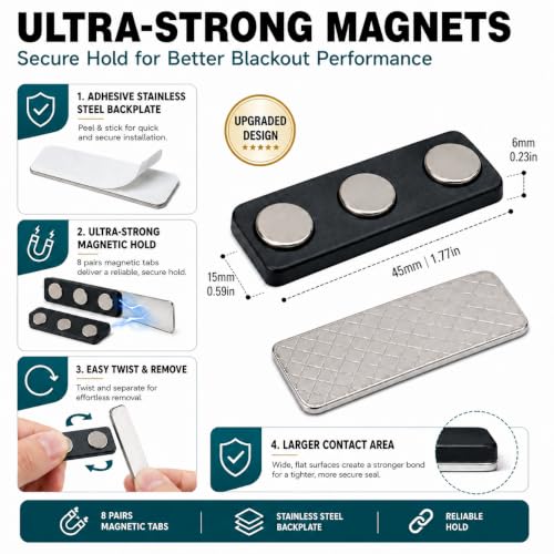 Blackout Curtains 39" x 57" - No Drill, Magnetic & Velcro Design