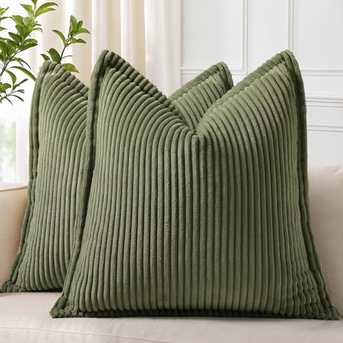 Olive Green Corduroy Throw Pillow Covers 18x18, Set of 2