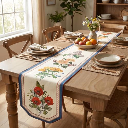 Artoid Mode Beige Blue Floral Farmhouse Linen Table Runner 13x72 Inch - Durable & Elegant Home Decor