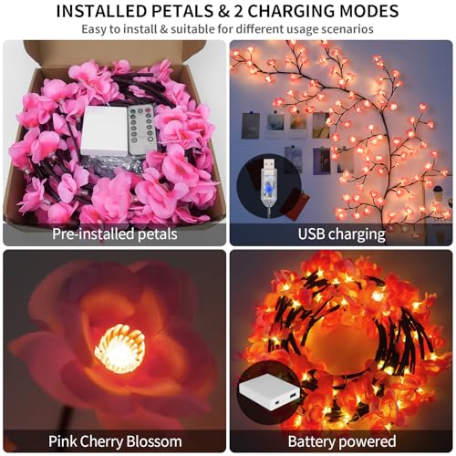 144 LED Pink Cherry Blossom Vine String Lights with Remote & Timer, 7.55ft