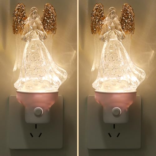 Xanqinluma 2 Pack Christmas Angel Night Lights - Glitter Water Nightlight with USB & Wall Plug Options
