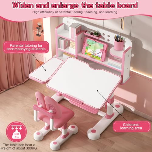 Adjustable Kids Study Desk and Chair Set with Tiltable Desktop and Storage
