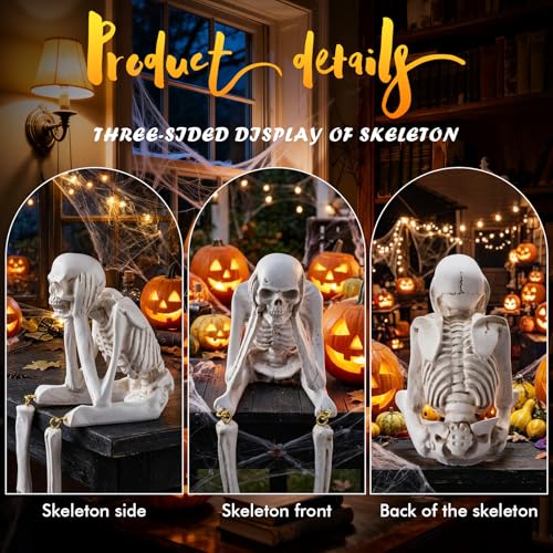 3-Piece See No Evil Halloween Skeleton Statues - Resin Skull Figurines