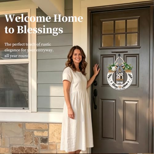 3D Welcome Sign Wood Wreath for Front Door, Farmhouse Porch Decor