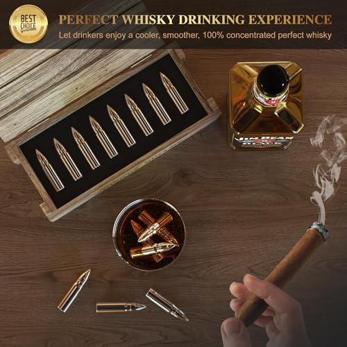 8Pcs Bullet Whiskey Stones - Reusable Stainless Steel Ice Cubes for Premium Drinks, Gift Set with Wooden Box