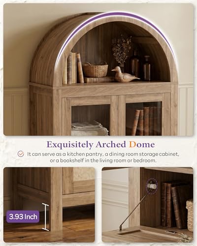 71-Inch Arched Pantry Cabinet with Glass Door and Storage Drawer