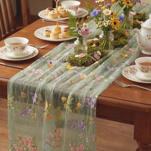 Sage Green Floral Embroidered Table Runner 120-Inch Sheer Spring Decor