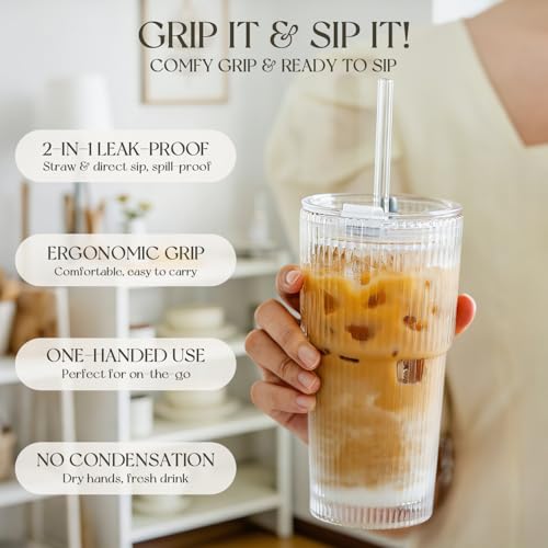 20oz Ribbed Glass Tumbler with Lid and Straw - Reusable Iced Coffee Cup