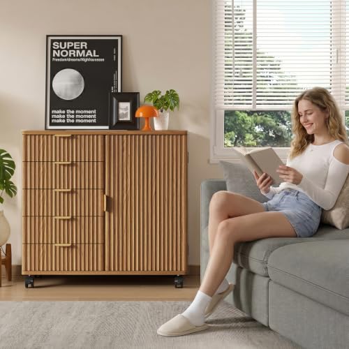 5-Drawer Mobile Office Storage Cabinet with Fluted Wood Design