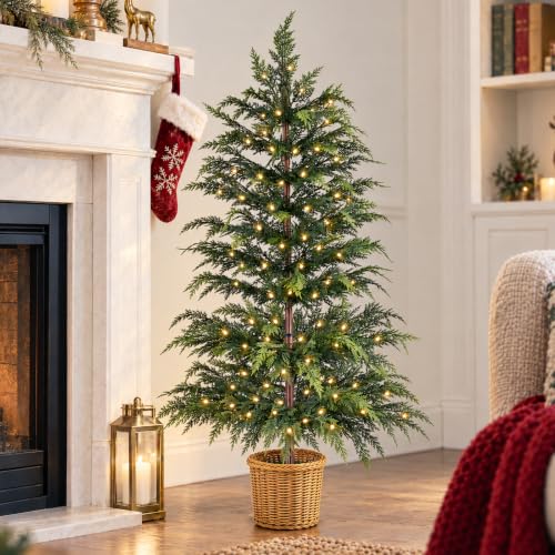 ENJOLLY 2 Pack 4FT Pre-Lit Artificial Cypress Christmas Tree with Woven Basket, Indoor/Outdoor Holiday Decor
