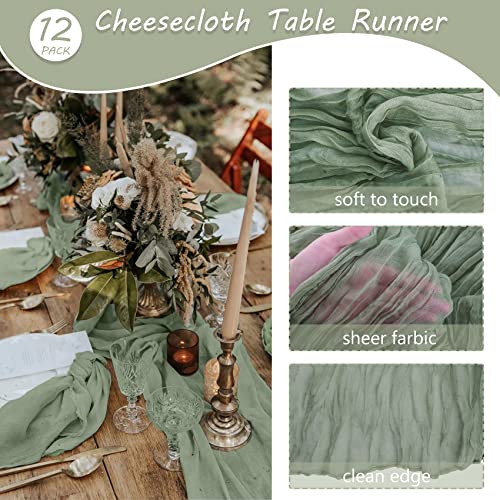 12 Pack Dusty Sage Green Cheesecloth Table Runners, 35x120 Inch Boho Gauze