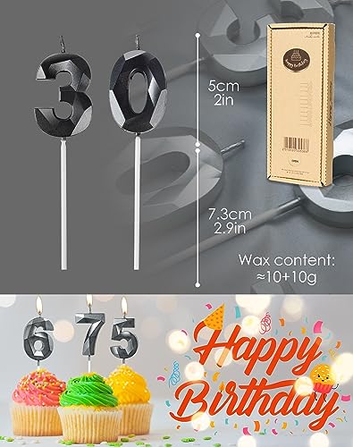 Black Number 12 Birthday Candles - 3D Diamond Cut Cake Topper Decoration