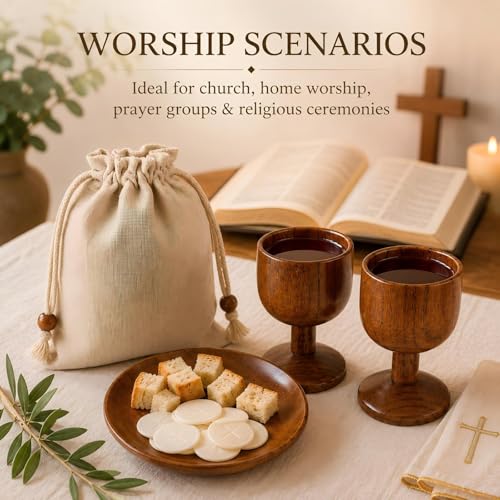 Wooden Communion Wedding Set with 2 Chalice Goblets, Wafer Tray & Linen Bag