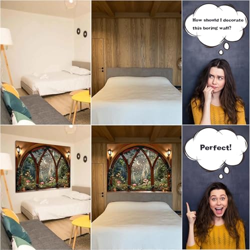 Fantasy Castle Window Tapestry - Magical Woodland Wall Hanging Backdrop
