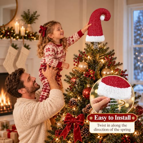 Okaerm Red 8-Inch Lighted Santa Hat Tree Topper with Spring Base - Christmas Ornament
